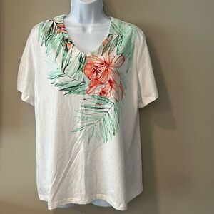 Coral Bay Women's White Floral V-Neck Short Sleeves Blouse Summer Wear Size XL